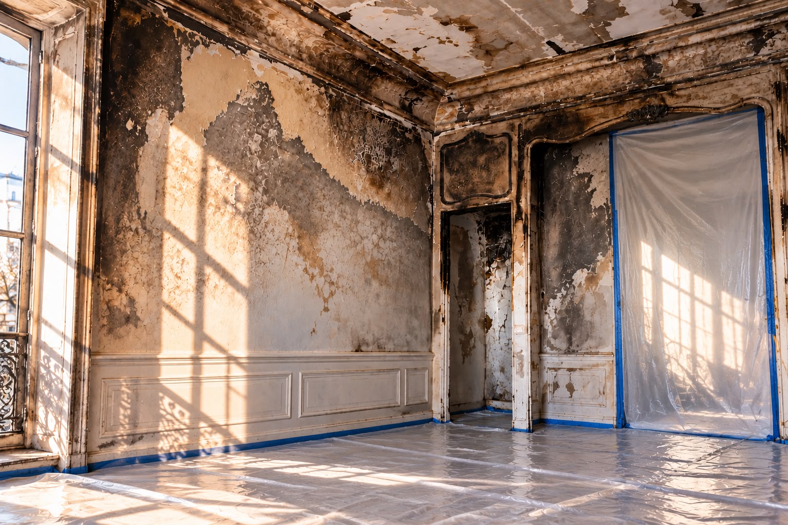 Pièce d’un appartement ancien noircie par les fumées et les suies, sols et ouvertures protégés par des bâches